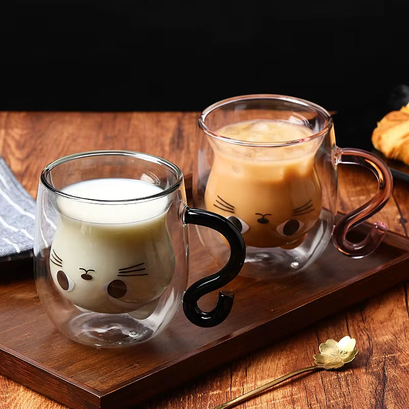 250Ml Cartoon Cat Double Wall Glass Cute Coffee Tea Cup Heat-Resistant Coffee Mug Handle Espresso Cup for Latte Cappuccino
