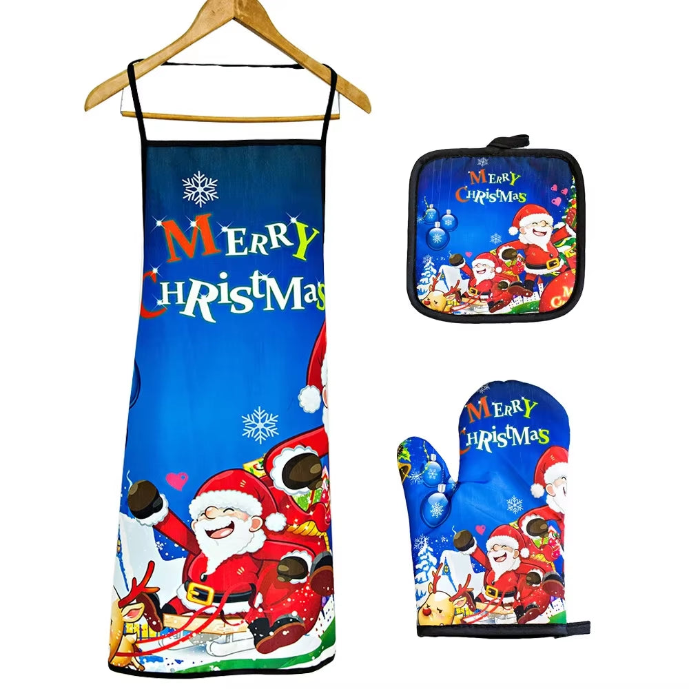 Christmas Kitchen Hot Oven Mitts Apron Set Anti-Hot Microwave Gloves Pad Insulation Mat Christmas Decoration Cooking Baking Tool