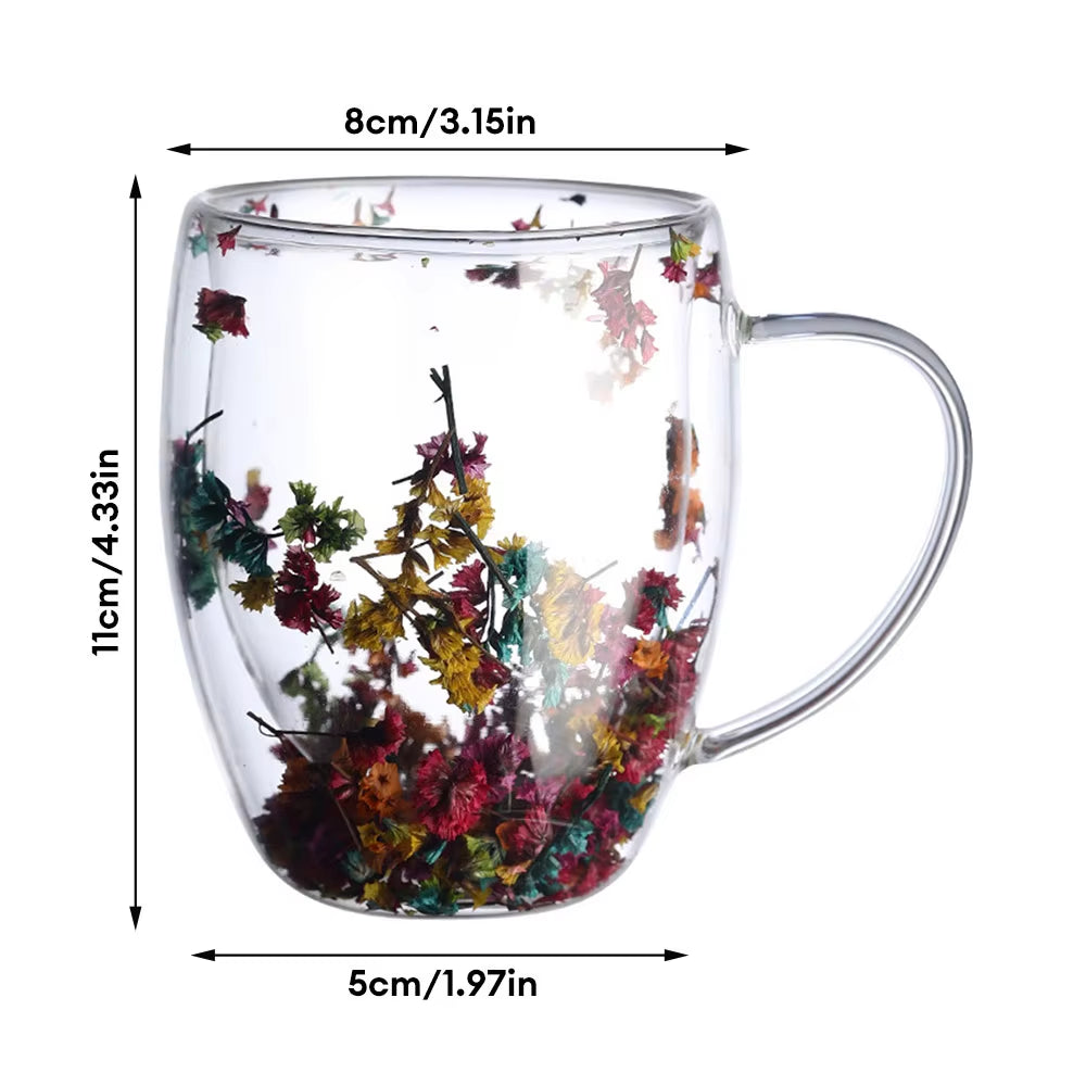 Creative Double Wall Glass Cup Dried Flower Filler Glass Cups Tea Coffee Cups Gifts High Borosilicate Glass Cups with Handles