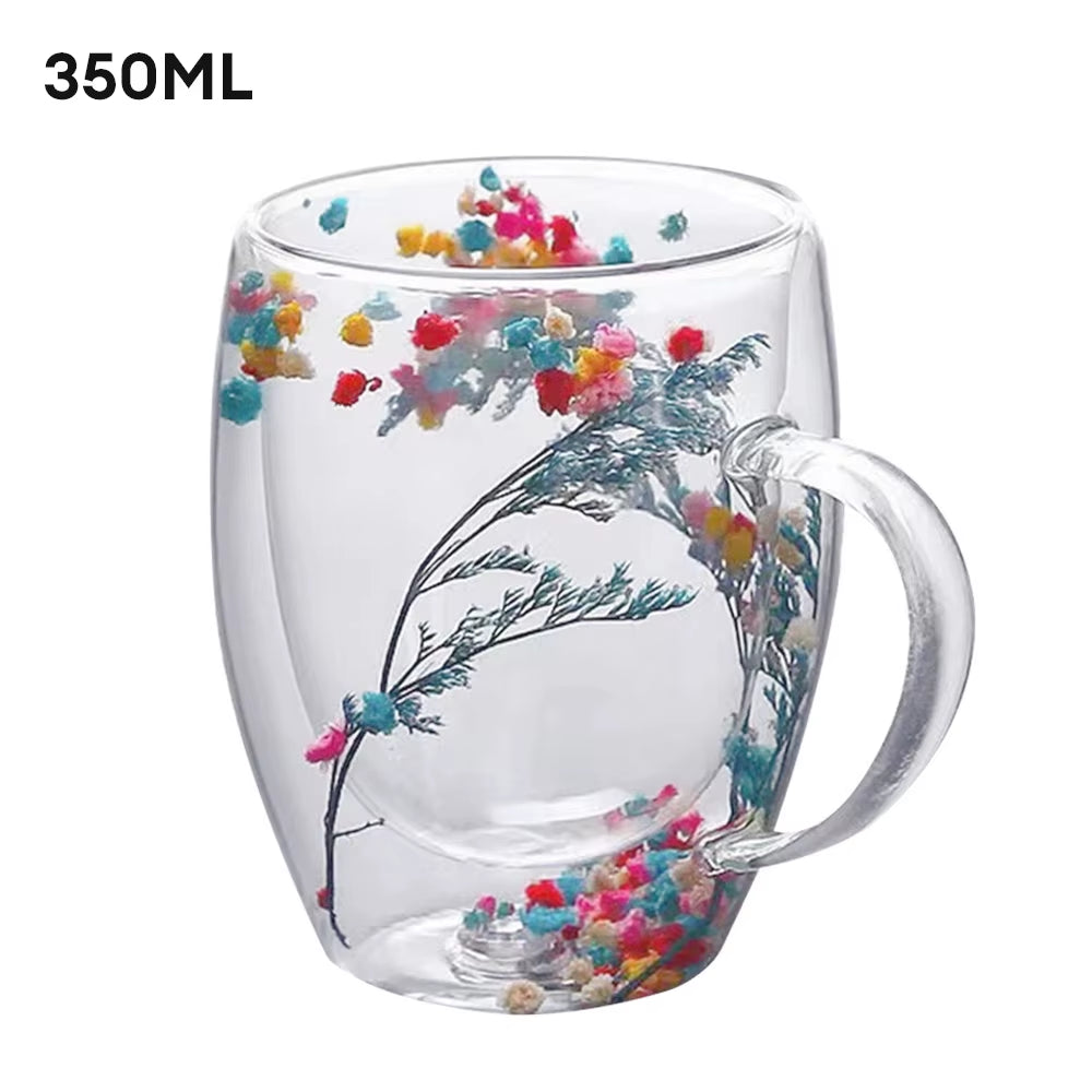 Creative Double Wall Glass Cup Dried Flower Filler Glass Cups Tea Coffee Cups Gifts High Borosilicate Glass Cups with Handles