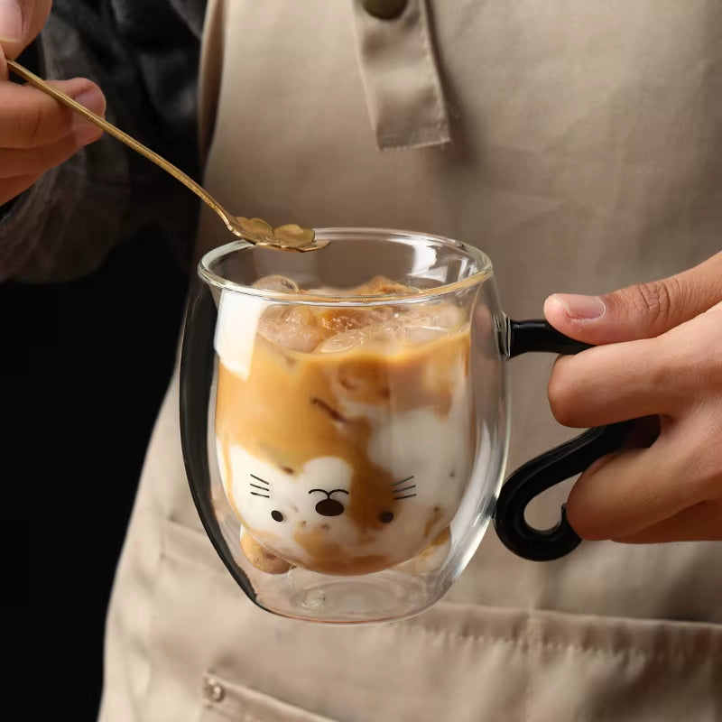 250Ml Cartoon Cat Double Wall Glass Cute Coffee Tea Cup Heat-Resistant Coffee Mug Handle Espresso Cup for Latte Cappuccino