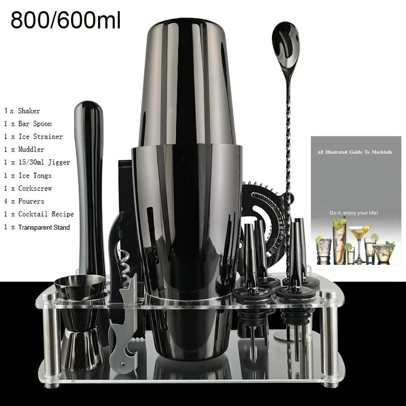 12Pcs Black/Rose Gold/Silver 800/750/600Ml Boston Shakers Bartender Kit Cocktail Shaker Set Bar Tools Stand Cocktail Recipe