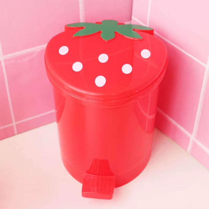 Mini Strawberry Trash Can with Lid Plastic Garbage Bin Waste Paper for Home Office Desk Room Desktop Bucket
