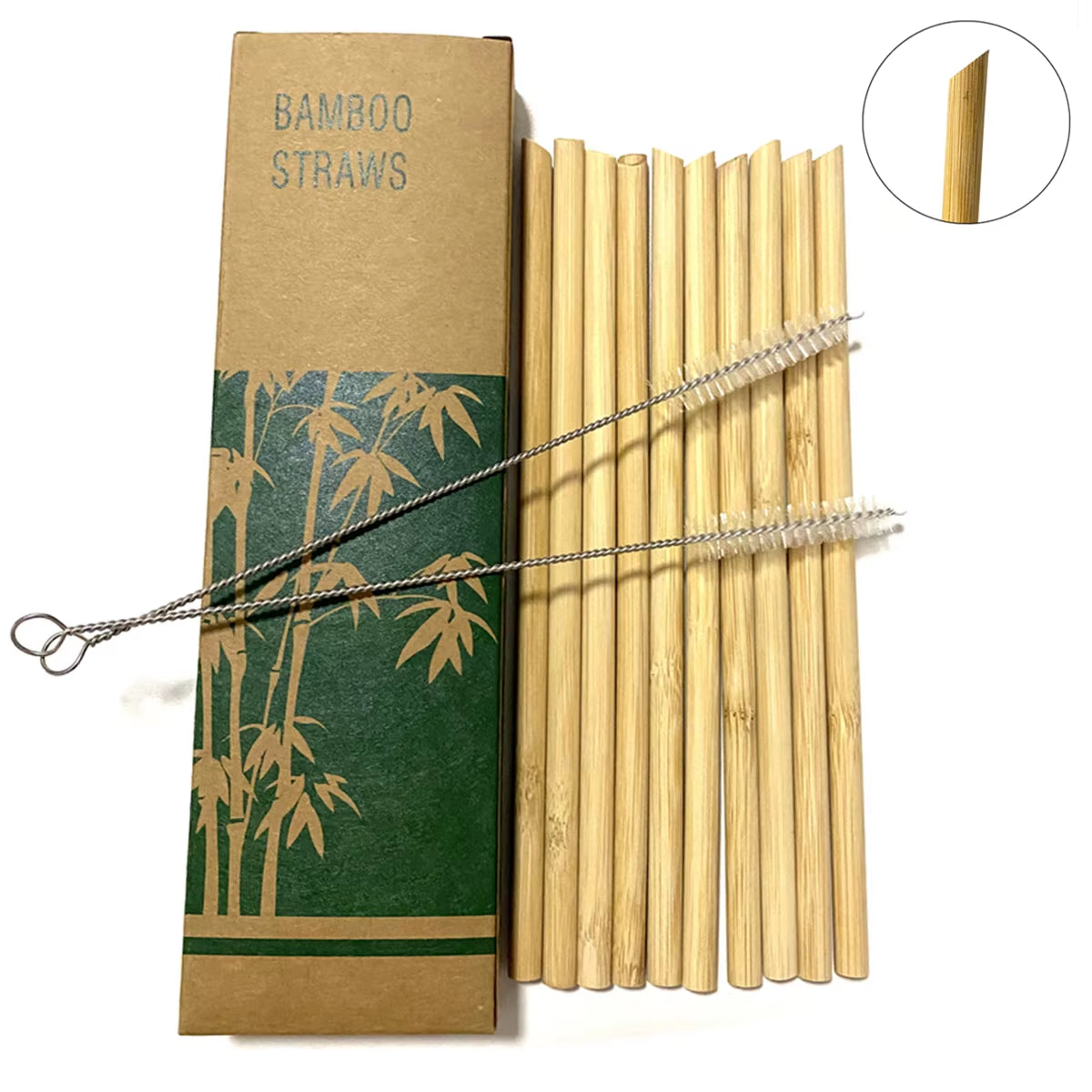 10Pcs Natural Bamboo Straw Reusable Drinking Straws with Case Biodegradable Eco-Friendly Bamboo Straws for Cocktail Bar Drinks