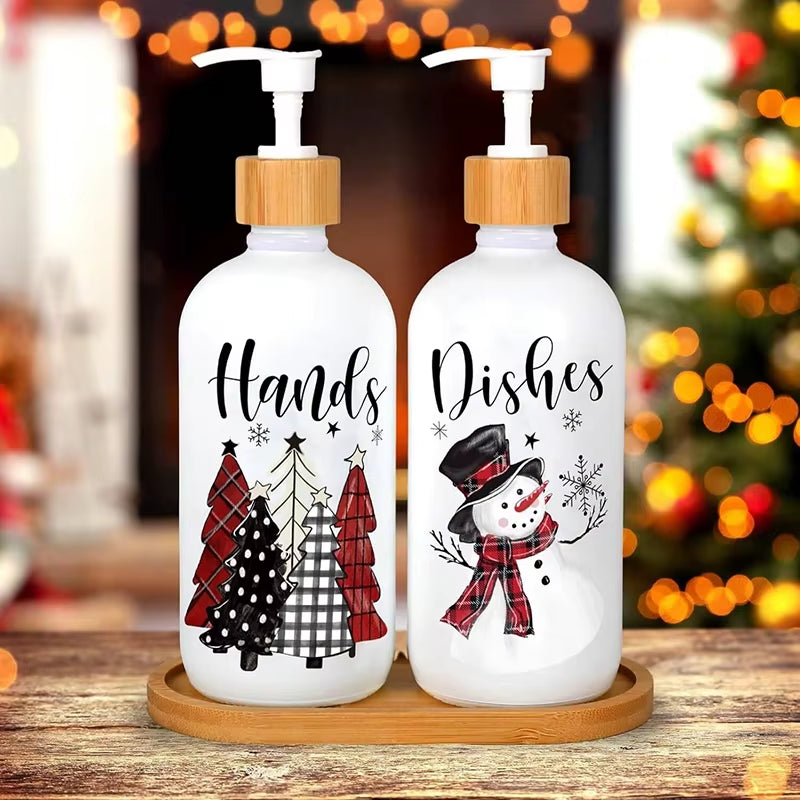Christmas Soap Dispenser Set of 2, Christmas Kitchen Decor, Xmas Gnomes Soap Dispenser with Tray for Home Indoor Decorations
