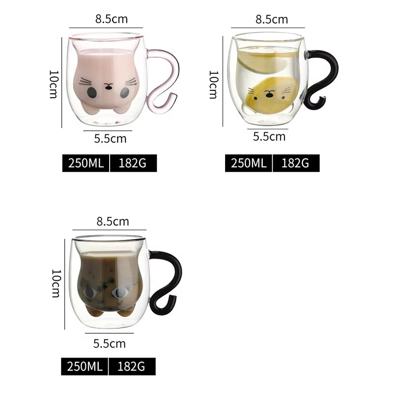 250Ml Cartoon Cat Double Wall Glass Cute Coffee Tea Cup Heat-Resistant Coffee Mug Handle Espresso Cup for Latte Cappuccino