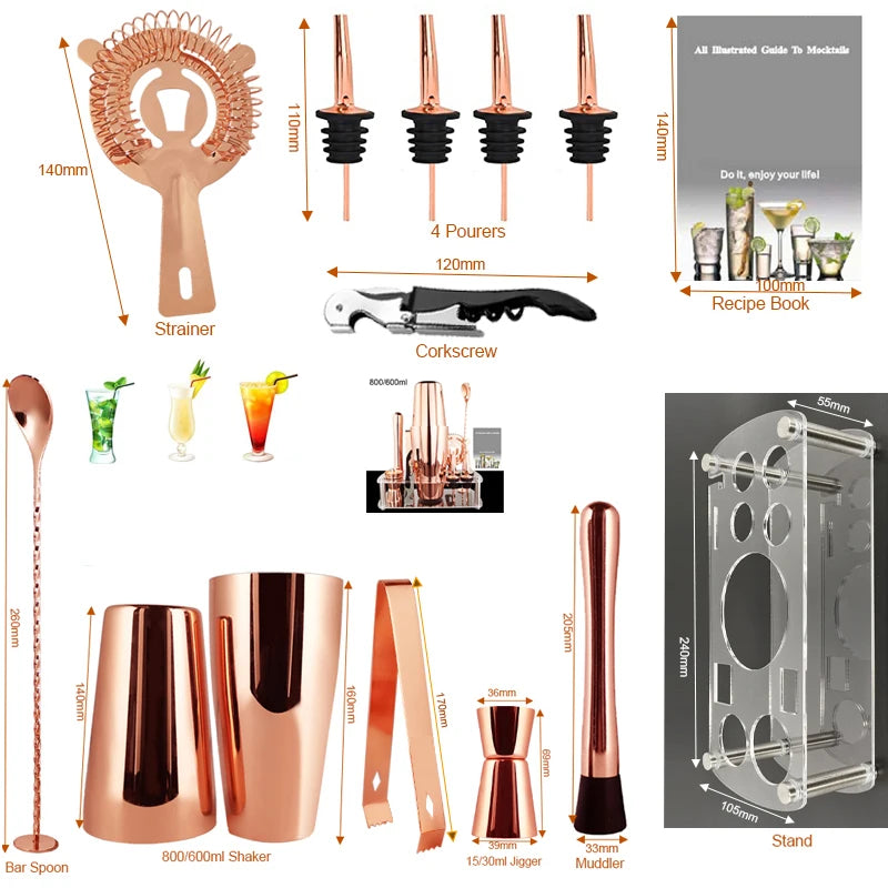 12Pcs Black/Rose Gold/Silver 800/750/600Ml Boston Shakers Bartender Kit Cocktail Shaker Set Bar Tools Stand Cocktail Recipe