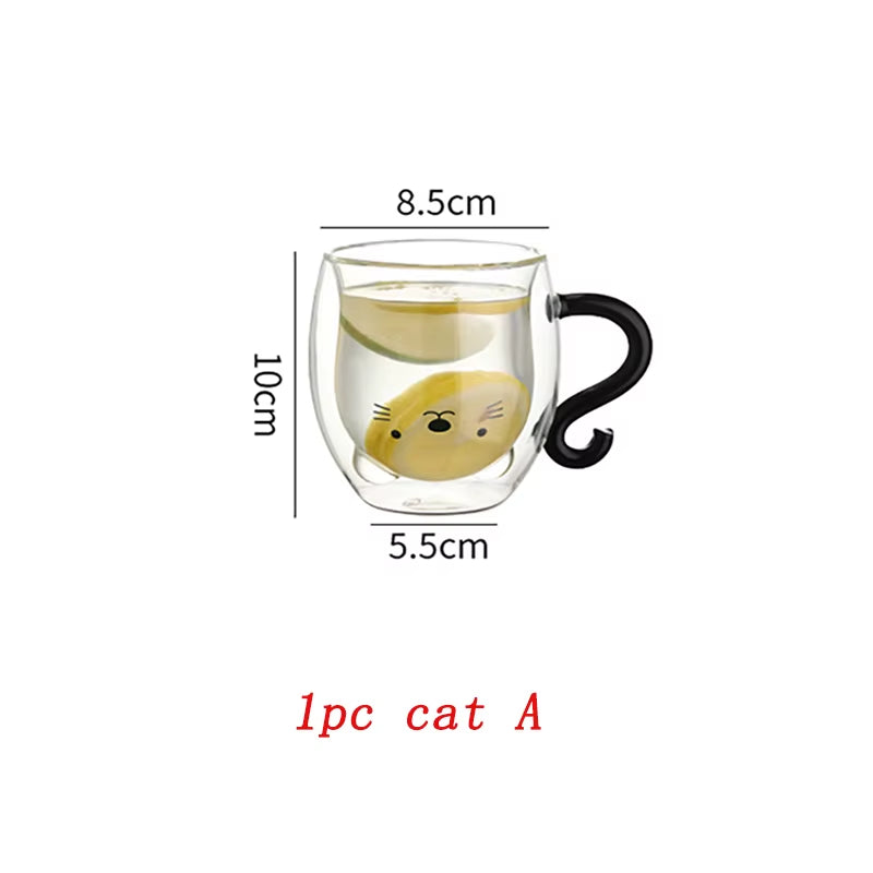 250Ml Cartoon Cat Double Wall Glass Cute Coffee Tea Cup Heat-Resistant Coffee Mug Handle Espresso Cup for Latte Cappuccino