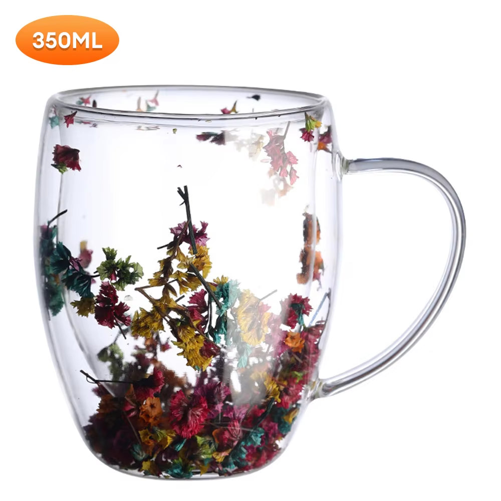 Creative Double Wall Glass Cup Dried Flower Filler Glass Cups Tea Coffee Cups Gifts High Borosilicate Glass Cups with Handles