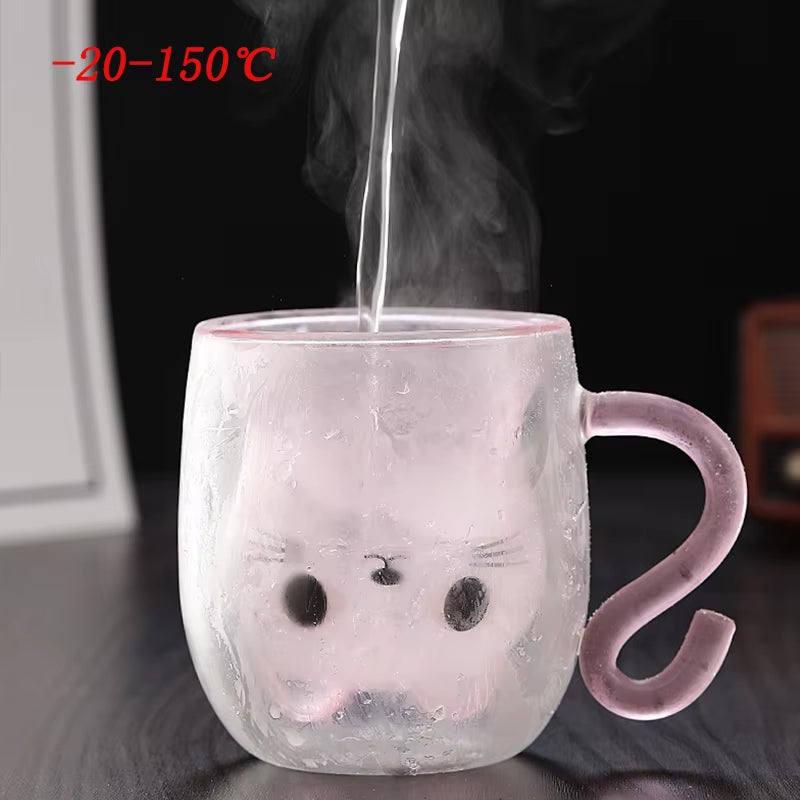 250Ml Cartoon Cat Double Wall Glass Cute Coffee Tea Cup Heat-Resistant Coffee Mug Handle Espresso Cup for Latte Cappuccino