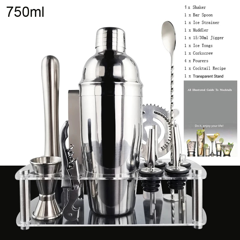 12Pcs Black/Rose Gold/Silver 800/750/600Ml Boston Shakers Bartender Kit Cocktail Shaker Set Bar Tools Stand Cocktail Recipe