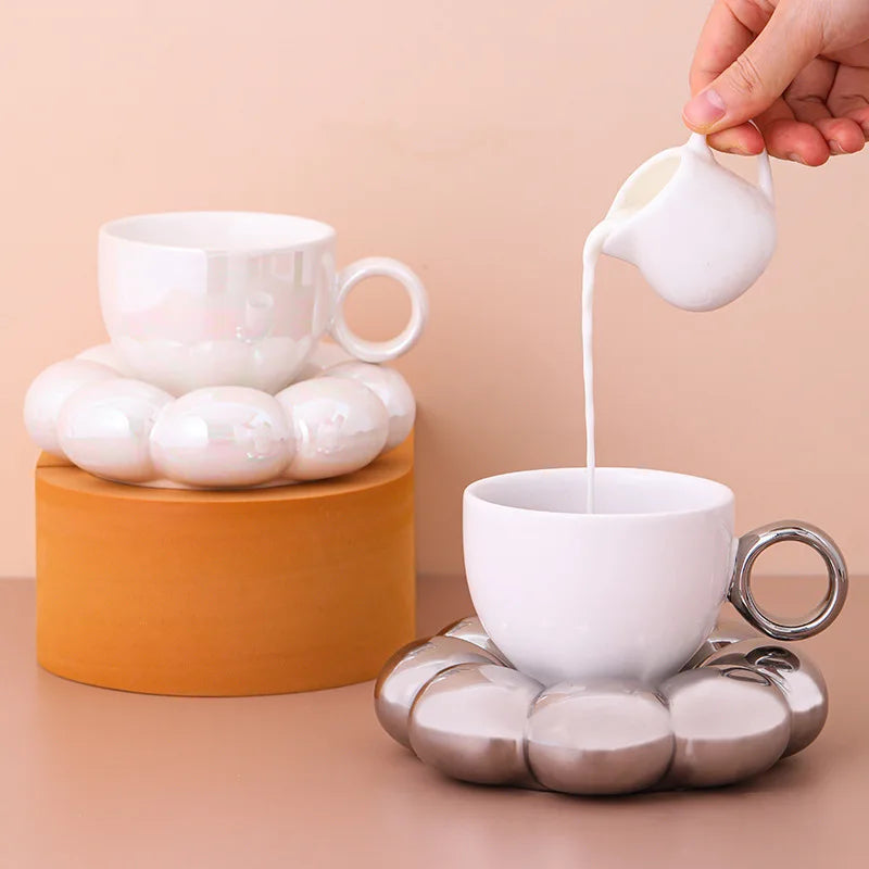200Ml Ceramic Cloud Coffee Mug with Sunflower Saucer Cute Coffee Milk Afternoon Tea Cup Modern Living Room Home Decoration