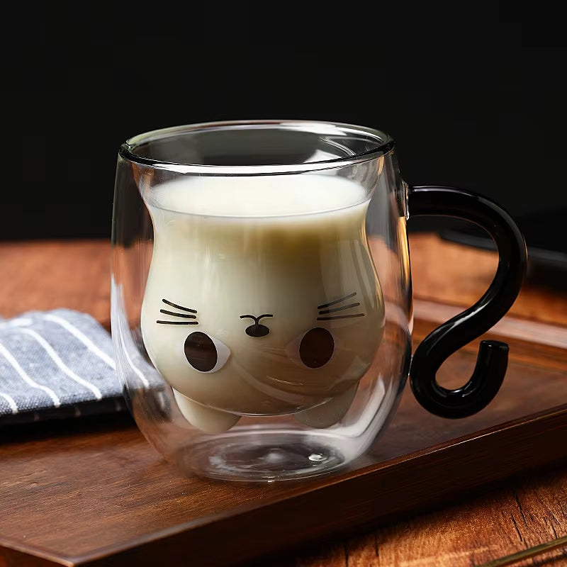 250Ml Cartoon Cat Double Wall Glass Cute Coffee Tea Cup Heat-Resistant Coffee Mug Handle Espresso Cup for Latte Cappuccino