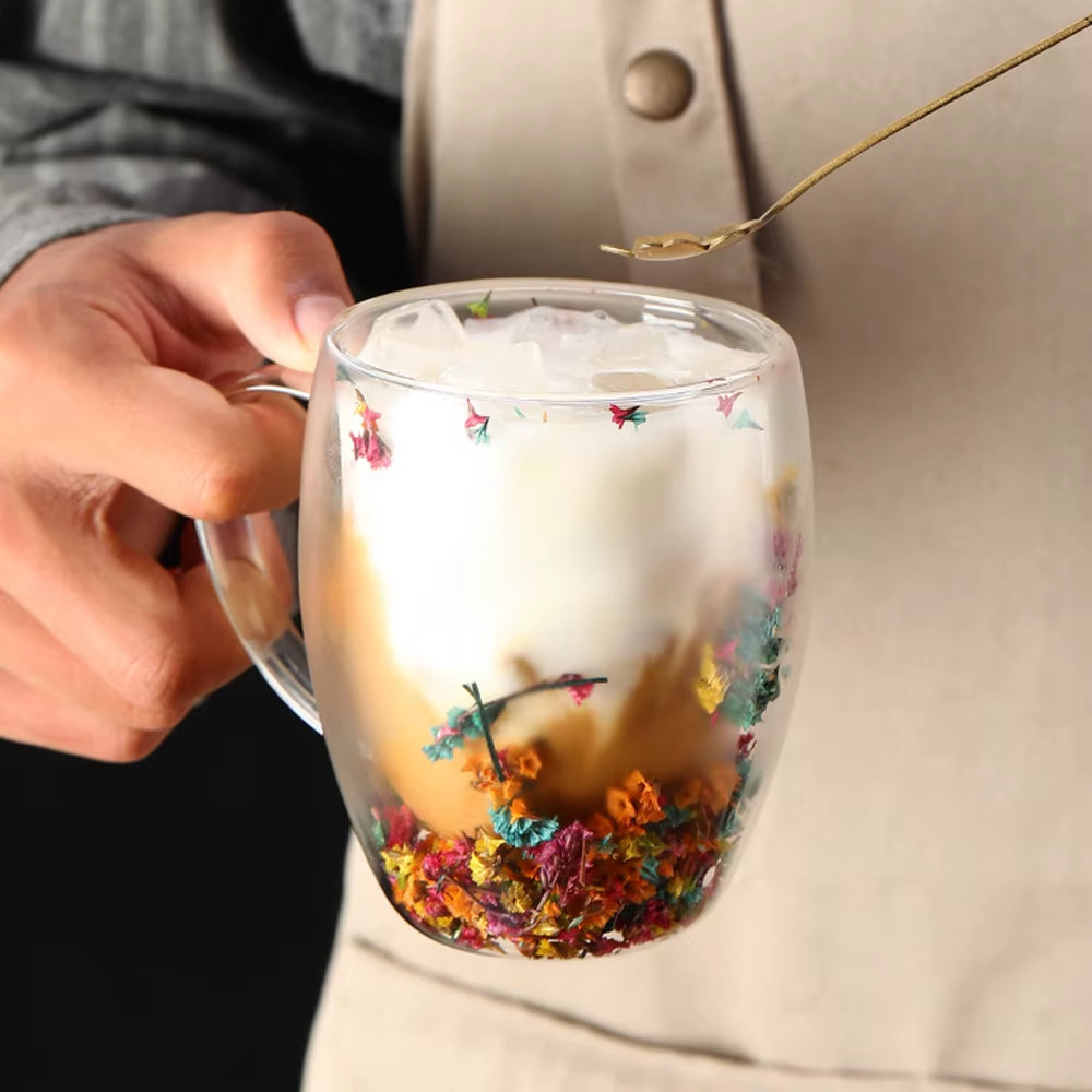 Creative Double Wall Glass Cup Dried Flower Filler Glass Cups Tea Coffee Cups Gifts High Borosilicate Glass Cups with Handles