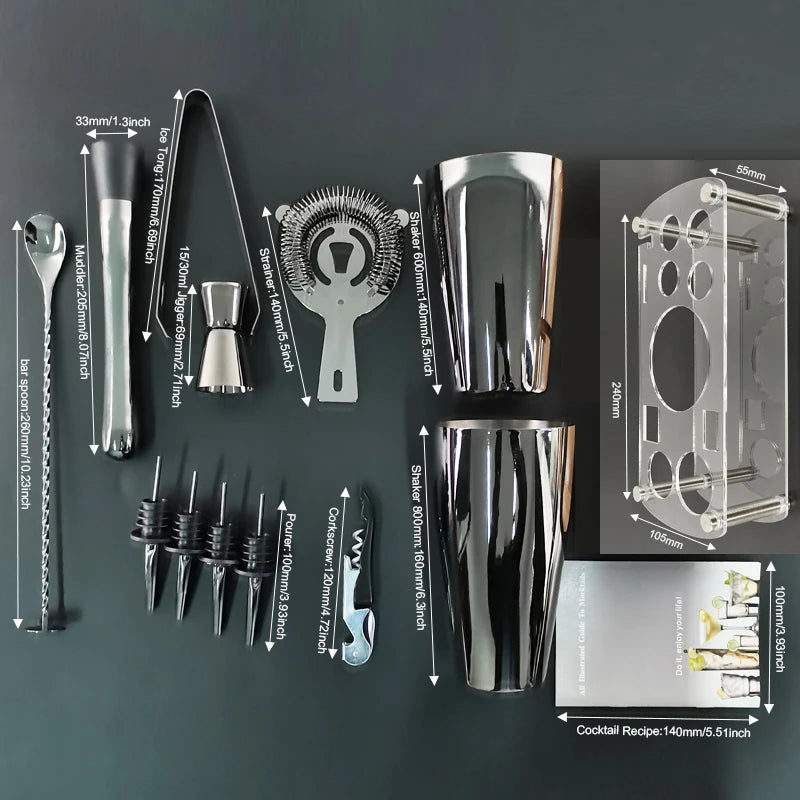 12Pcs Black/Rose Gold/Silver 800/750/600Ml Boston Shakers Bartender Kit Cocktail Shaker Set Bar Tools Stand Cocktail Recipe