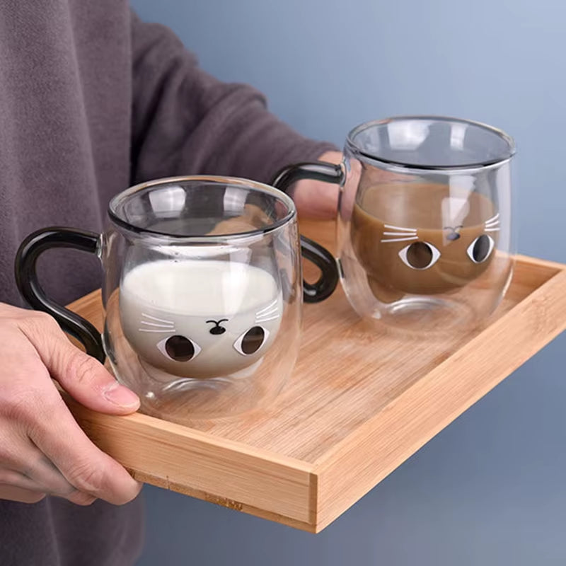 250Ml Cartoon Cat Double Wall Glass Cute Coffee Tea Cup Heat-Resistant Coffee Mug Handle Espresso Cup for Latte Cappuccino