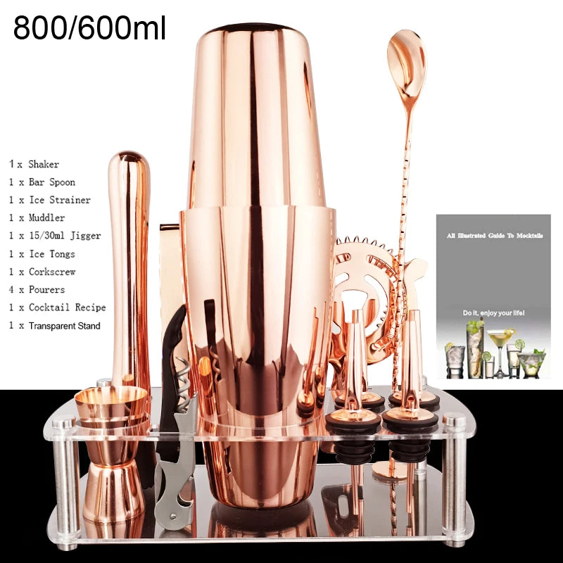 12Pcs Black/Rose Gold/Silver 800/750/600Ml Boston Shakers Bartender Kit Cocktail Shaker Set Bar Tools Stand Cocktail Recipe