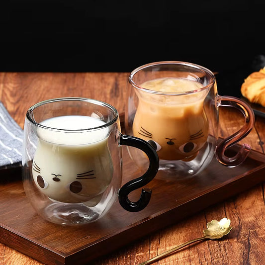 250Ml Cartoon Cat Double Wall Glass Cute Coffee Tea Cup Heat-Resistant Coffee Mug Handle Espresso Cup for Latte Cappuccino