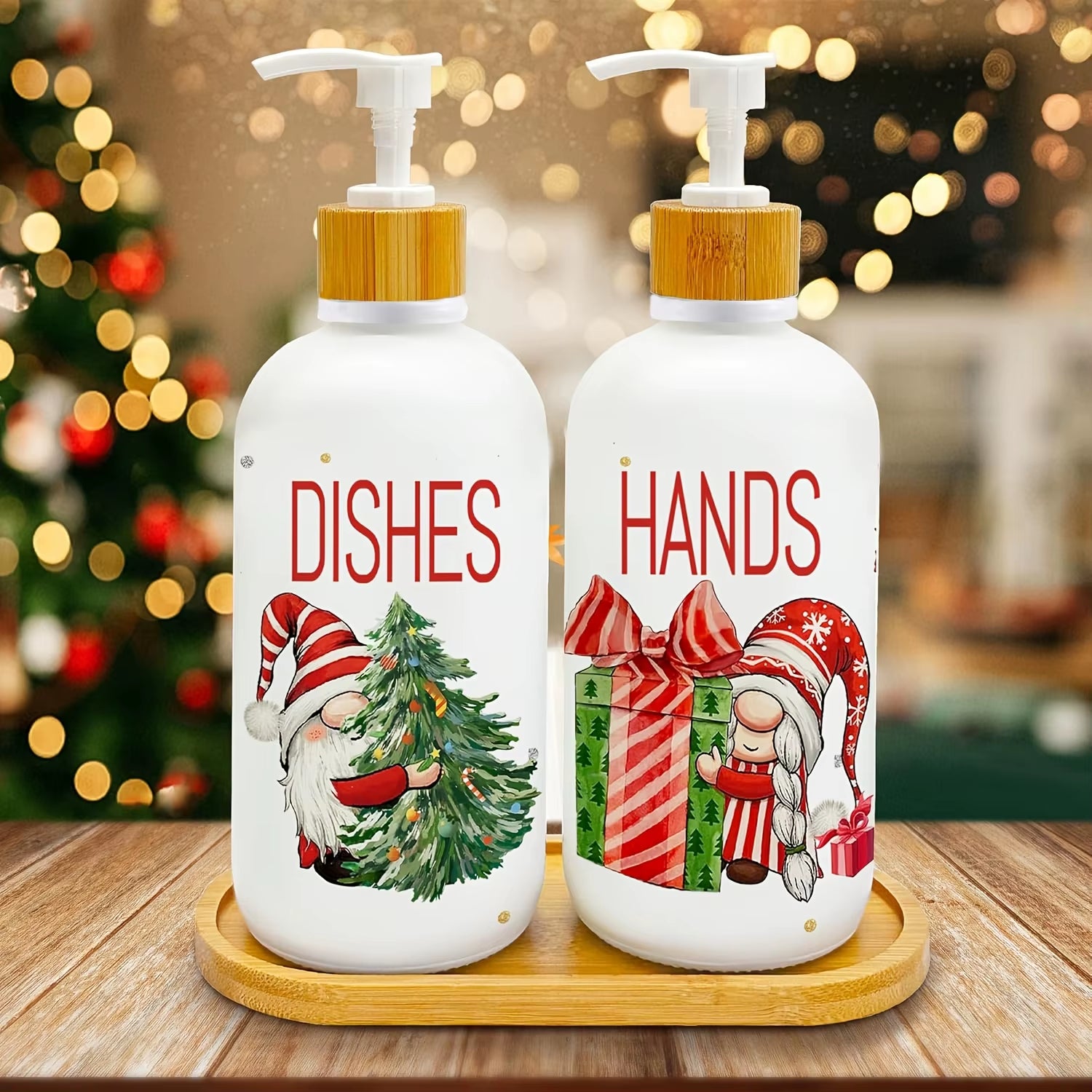 Christmas Soap Dispenser Set of 2, Christmas Kitchen Decor, Xmas Gnomes Soap Dispenser with Tray for Home Indoor Decorations