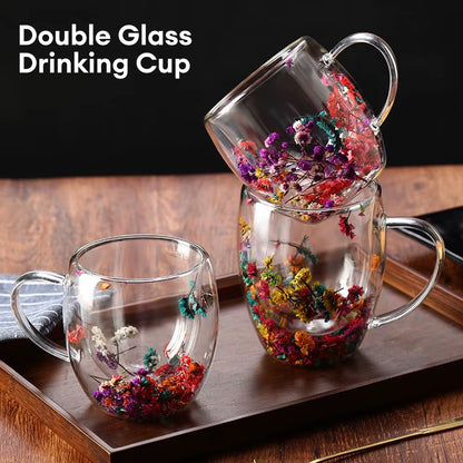 Creative Double Wall Glass Cup Dried Flower Filler Glass Cups Tea Coffee Cups Gifts High Borosilicate Glass Cups with Handles