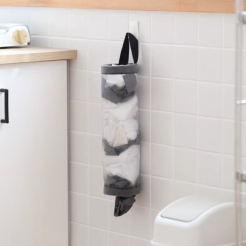 1Pc Grey Sundries Bag Storage Wall Mount Mesh Plastic Bags Dispenser Hanging Reused Storage Pouch Trash Bags Kitchen Garbage Org