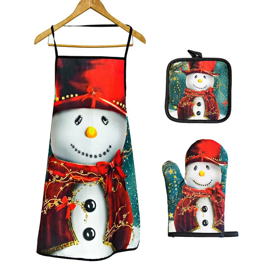 Christmas Kitchen Hot Oven Mitts Apron Set Anti-Hot Microwave Gloves Pad Insulation Mat Christmas Decoration Cooking Baking Tool