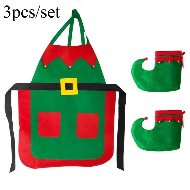 3Pcs/Set Christmas Kitchen Apron with Hat Fabric Holiday Cooking Aprons for Women Men Christmas Decorations Home Family Party