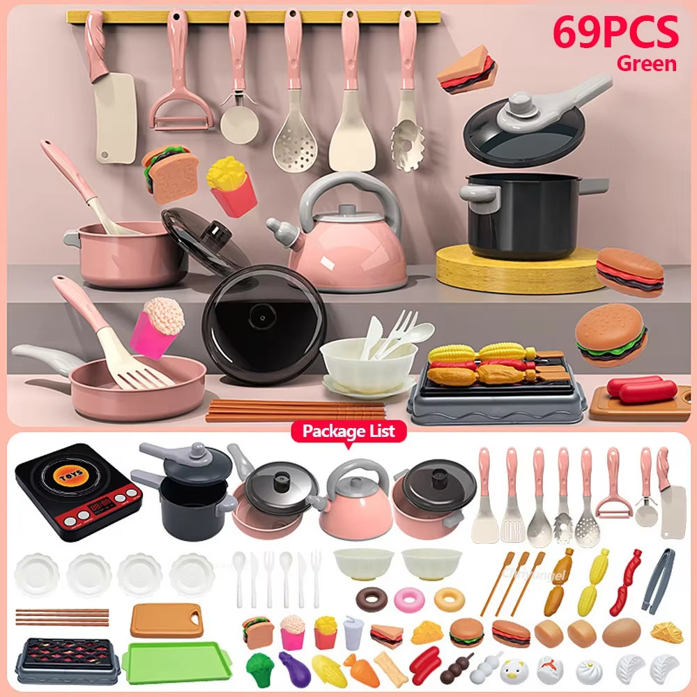 Kids Kitchen Toys Set 59/69 PCS Play Kitchen Accessories Kit with Play Pots Pans Pretend Food Cooking Toy Toddler Girls Boy Gift