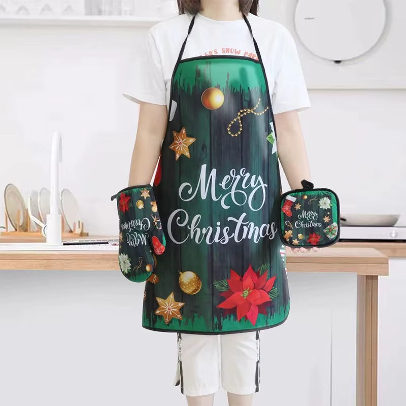 Christmas Kitchen Hot Oven Mitts Apron Set Anti-Hot Microwave Gloves Pad Insulation Mat Christmas Decoration Cooking Baking Tool