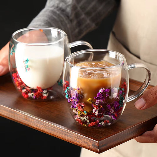 Creative Double Wall Glass Cup Dried Flower Filler Glass Cups Tea Coffee Cups Gifts High Borosilicate Glass Cups with Handles