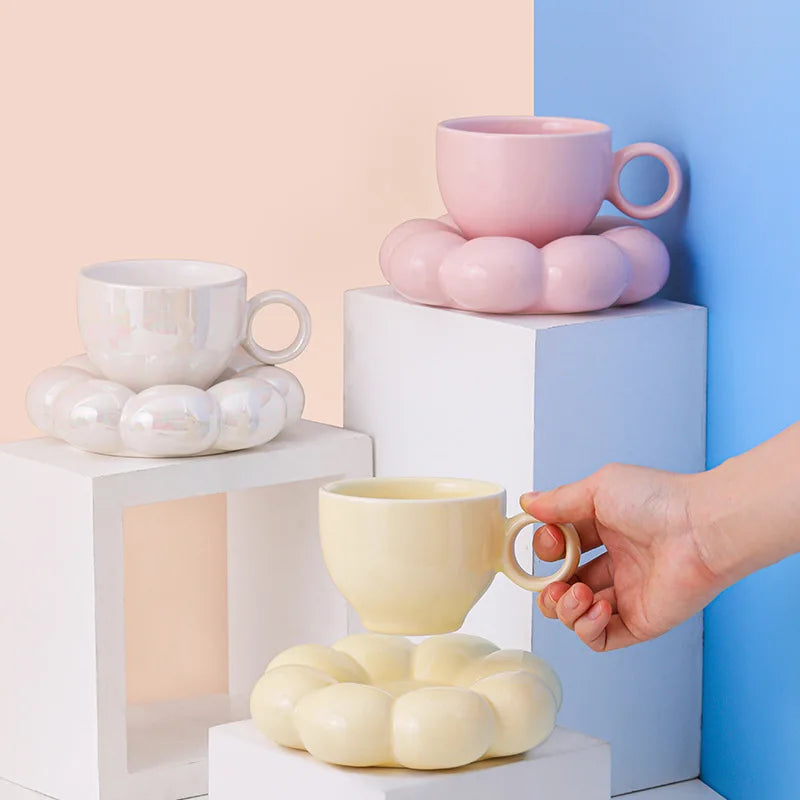 200Ml Ceramic Cloud Coffee Mug with Sunflower Saucer Cute Coffee Milk Afternoon Tea Cup Modern Living Room Home Decoration