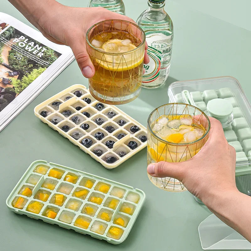 One Press Ice Cube Maker Tray with Lid and Silicone Mold for Freezing Drinks Easily at Home or Bar