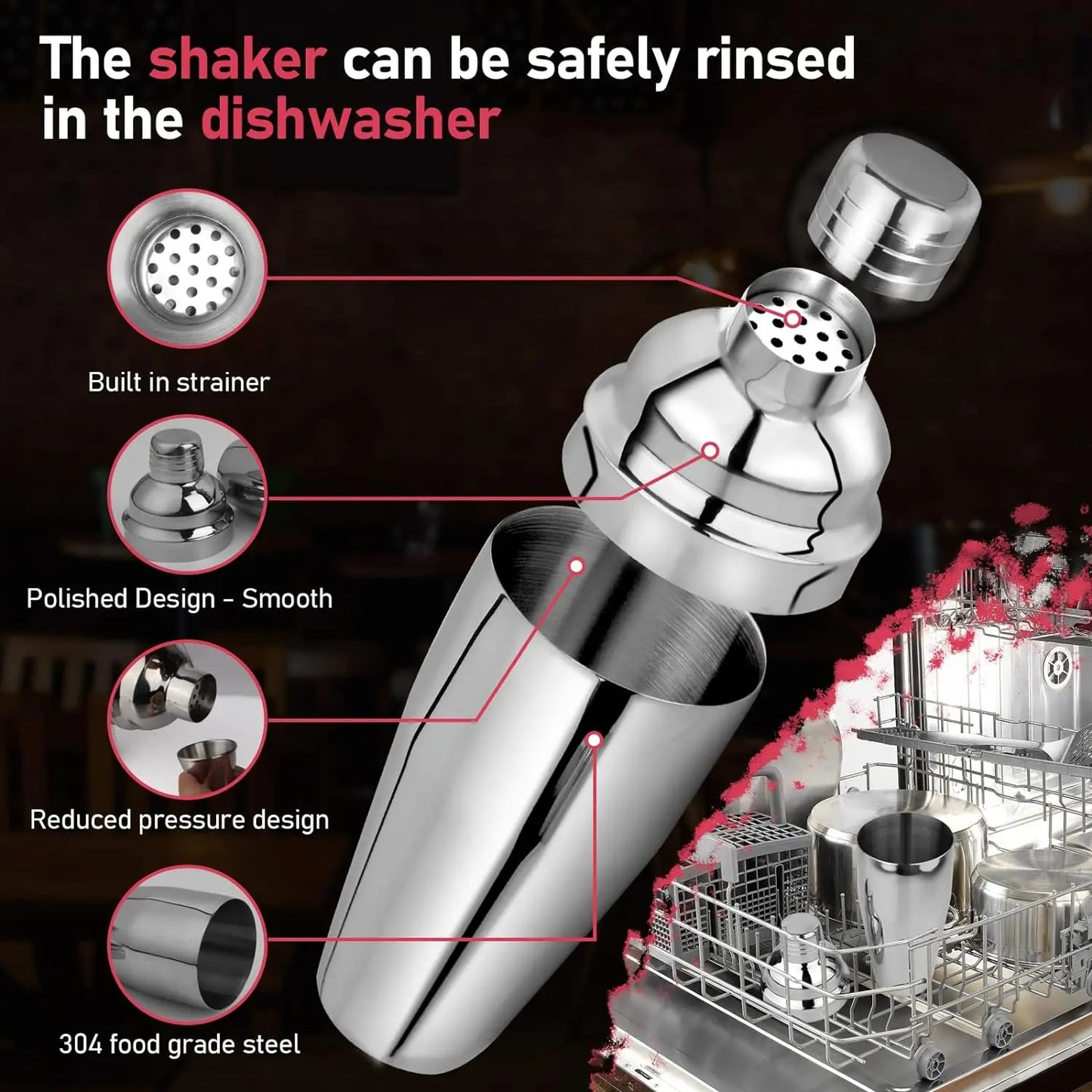 24 Oz 750Ml Stainless Steel Cocktail Shaker Set - Mixed Drink Shaker - Martini Shaker Set with Built in Strainer