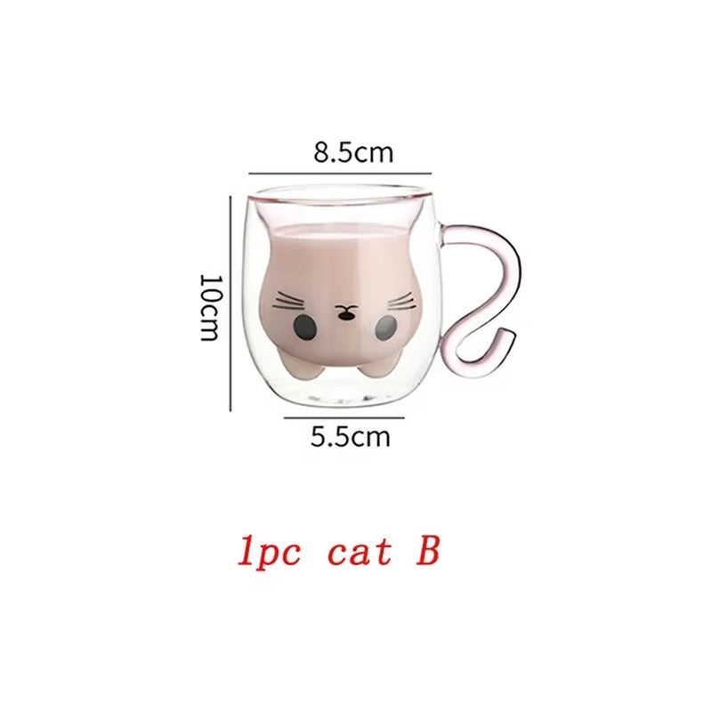 250Ml Cartoon Cat Double Wall Glass Cute Coffee Tea Cup Heat-Resistant Coffee Mug Handle Espresso Cup for Latte Cappuccino