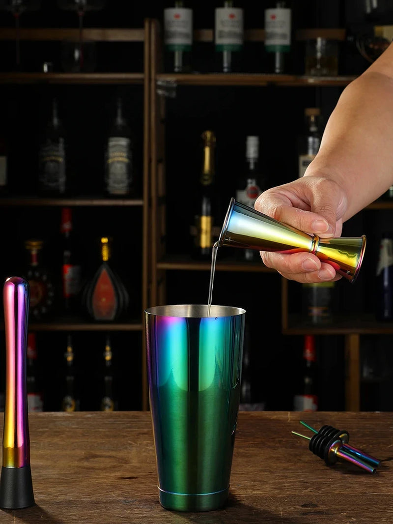 Rainbow Cocktail Shaker Bar Set: 2 Weighted Boston Shakers, Cocktail Strainer Set,Jigger,Muddler and Spoon, Ice Tong ,2 Pourer