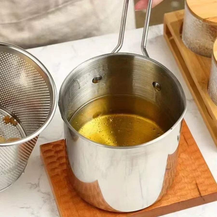 Stainless Steel Fryer with French Fries and Chicken Wings, Household Small Oil Pot with Filter Screen, Tianfu Luo Pot
