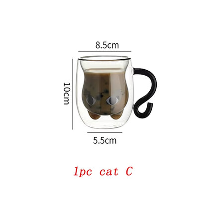 250Ml Cartoon Cat Double Wall Glass Cute Coffee Tea Cup Heat-Resistant Coffee Mug Handle Espresso Cup for Latte Cappuccino