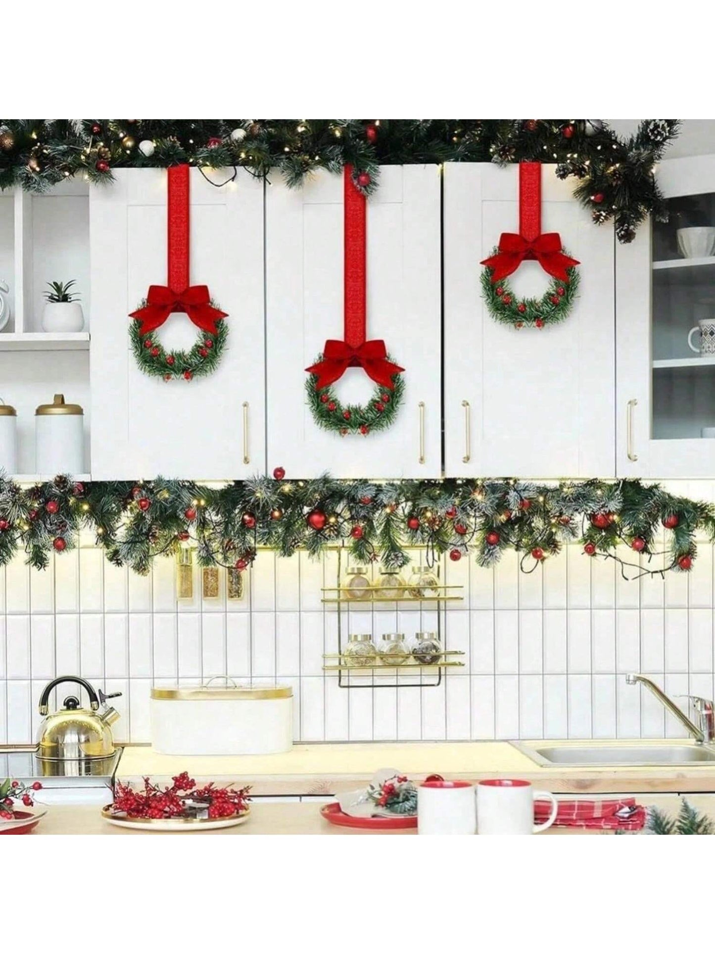 Small Christmas Wreaths,Christmas Kitchen Cabinet Wreaths Wirh Red Berries, Mini Christmas Wreaths for Centerpiece Front Door Decor,Christmas Decorations,Living Room Decorations,Office Decorations