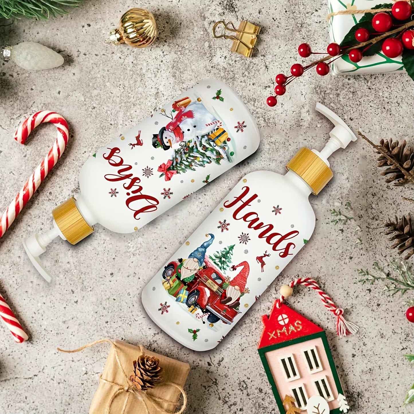 Christmas Soap Dispenser Set of 2, Christmas Kitchen Decor, Xmas Gnomes Soap Dispenser with Tray for Home Indoor Decorations