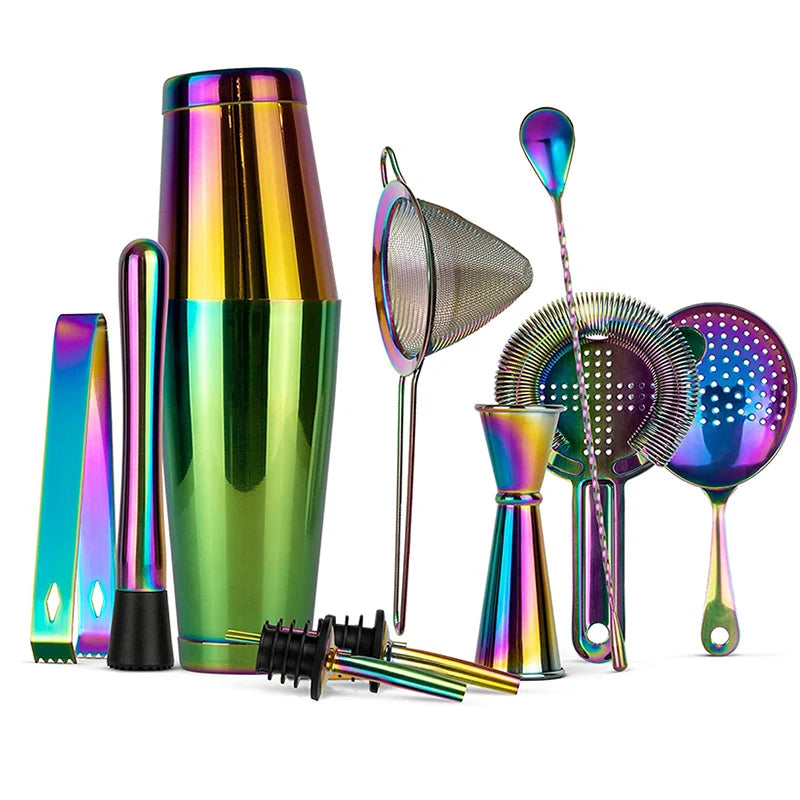 Rainbow Cocktail Shaker Bar Set: 2 Weighted Boston Shakers, Cocktail Strainer Set,Jigger,Muddler and Spoon, Ice Tong ,2 Pourer