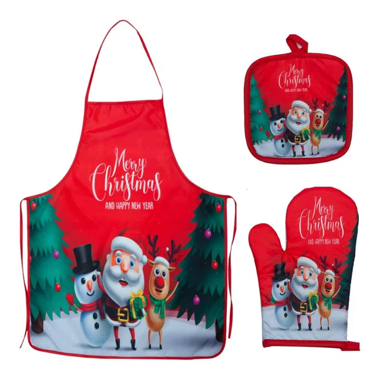 Christmas Kitchen Hot Oven Mitts Apron Set Anti-Hot Microwave Gloves Pad Insulation Mat Christmas Decoration Cooking Baking Tool