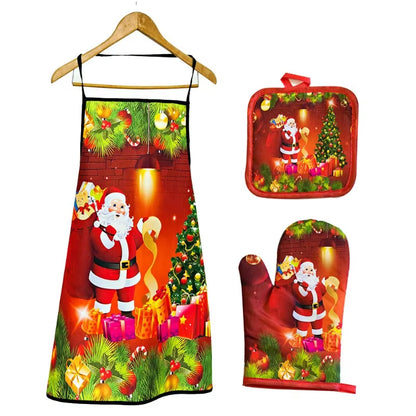 Christmas Kitchen Hot Oven Mitts Apron Set Anti-Hot Microwave Gloves Pad Insulation Mat Christmas Decoration Cooking Baking Tool