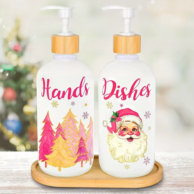 Christmas Soap Dispenser Set of 2, Christmas Kitchen Decor, Xmas Gnomes Soap Dispenser with Tray for Home Indoor Decorations