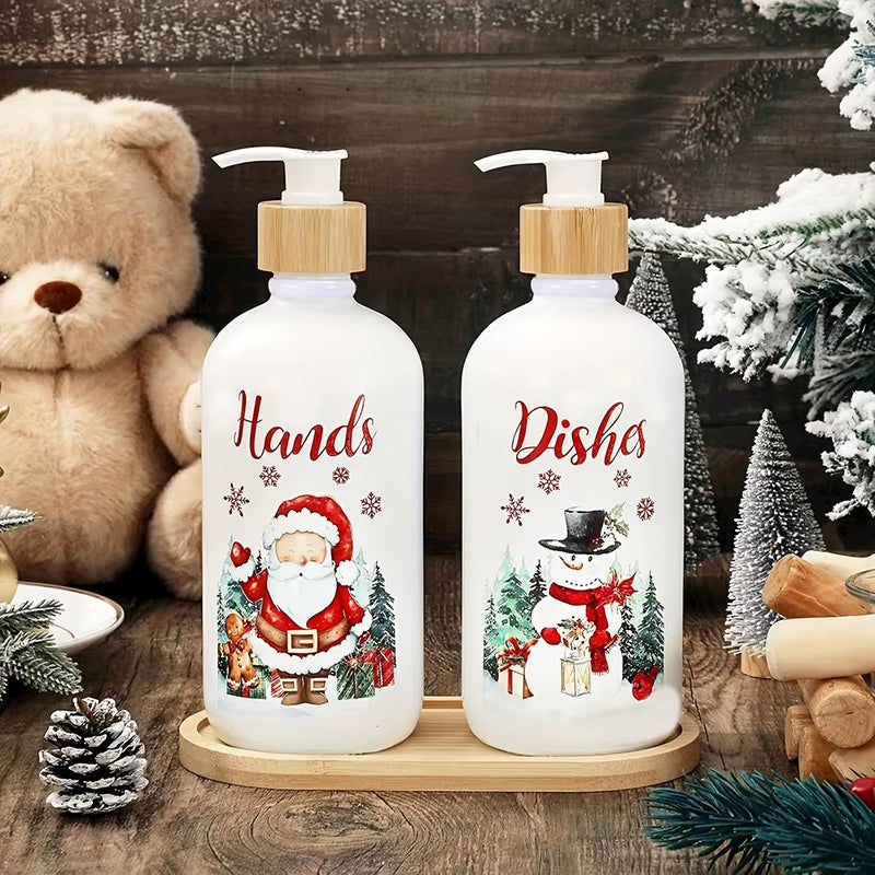 Christmas Soap Dispenser Set of 2, Christmas Kitchen Decor, Xmas Gnomes Soap Dispenser with Tray for Home Indoor Decorations