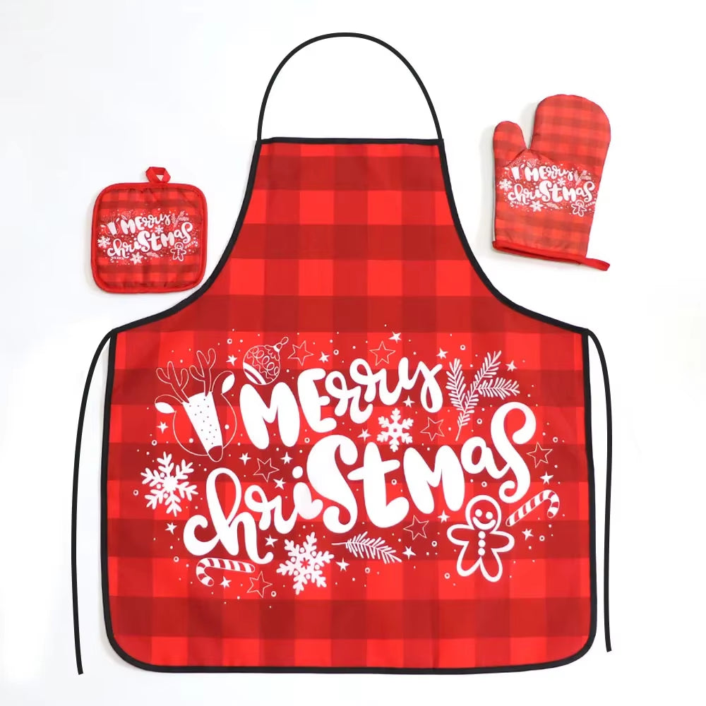 Christmas Kitchen Hot Oven Mitts Apron Set Anti-Hot Microwave Gloves Pad Insulation Mat Christmas Decoration Cooking Baking Tool