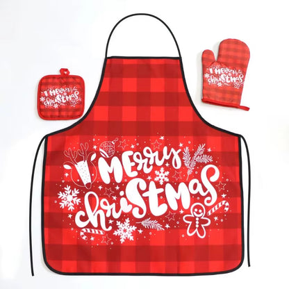 Christmas Kitchen Hot Oven Mitts Apron Set Anti-Hot Microwave Gloves Pad Insulation Mat Christmas Decoration Cooking Baking Tool