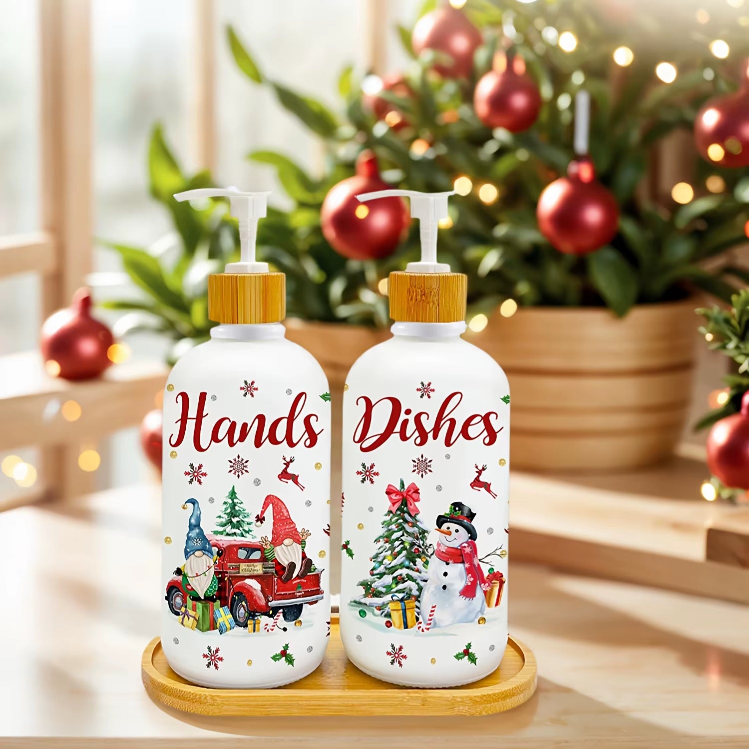 Christmas Soap Dispenser Set of 2, Christmas Kitchen Decor, Xmas Gnomes Soap Dispenser with Tray for Home Indoor Decorations
