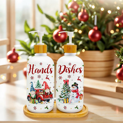 Christmas Soap Dispenser Set of 2, Christmas Kitchen Decor, Xmas Gnomes Soap Dispenser with Tray for Home Indoor Decorations
