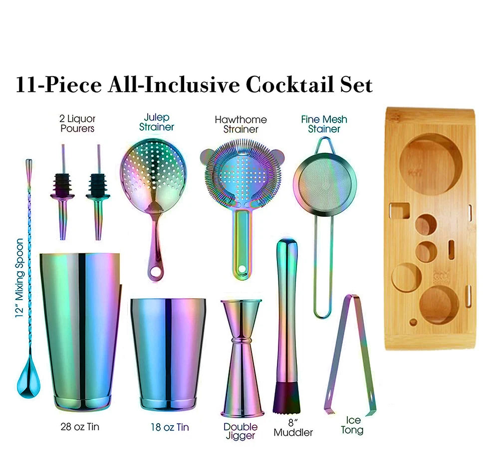 Rainbow Cocktail Shaker Bar Set: 2 Weighted Boston Shakers, Cocktail Strainer Set,Jigger,Muddler and Spoon, Ice Tong ,2 Pourer