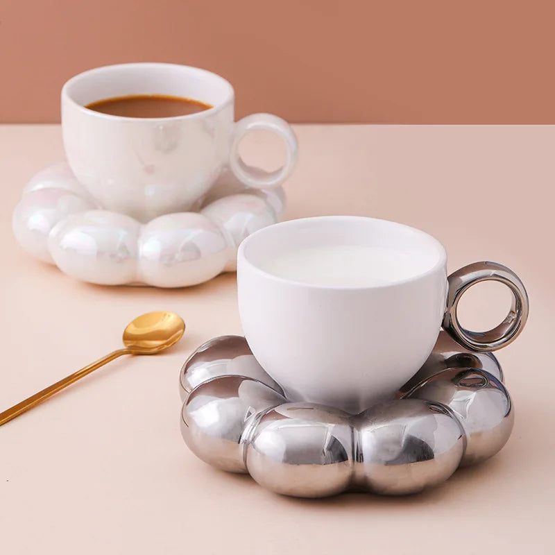 200Ml Ceramic Cloud Coffee Mug with Sunflower Saucer Cute Coffee Milk Afternoon Tea Cup Modern Living Room Home Decoration